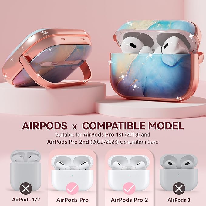 Inesore for AirPods Pro 2nd Generation Case Cover with Lock, Flowers Cute Air Pods Pro 2 Case Hard iPod Pro Cases for Women Girls with Cleaner Kit (2023 USB-C /2022/2019) -Blue Rainbow Gold Marble