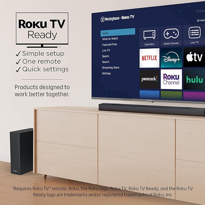 Westinghouse 5.1.2 Channel Soundbar for Smart TV, 200W Surround Sound w/Dolby Atmos & Dolby Digital Plus, Wireless Subwoofer, Home Theater Audio, eArc, HDMI, Bluetooth, Roku TV Ready