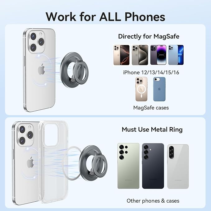 Ultra-Light Dual Sided Magnetic Phone Holder,Car Mount, 360 ° Rotation Finger Ring Holder,Foldable Magnetic Cell Phone Grip Stand Removable Phone Kickstand for All Phones MagSafe Accessories