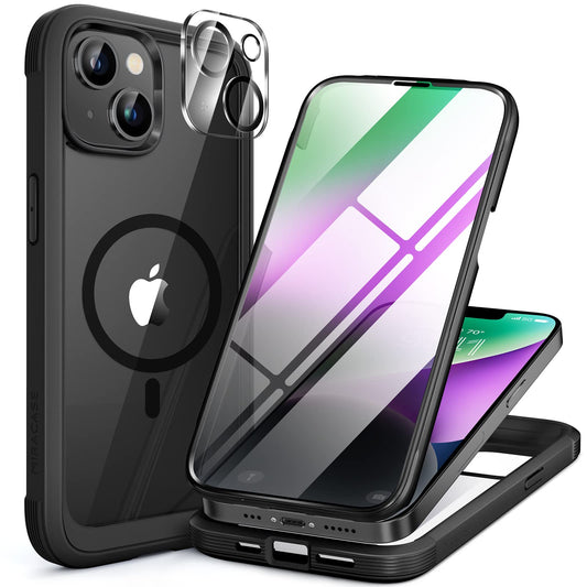 Miracase Magnetic for iPhone 14 Case 6.1",Full-Body Bumper, [Bubble Free] Built-in Tempered Glass Screen Protector+Lens Protector,Compatible with MagSafe,No Gap,Drop Proof Phone Case 14 Cover,Black