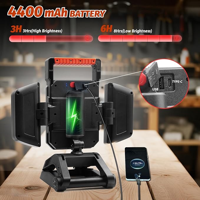 Rechargeable Work Light, 4000LM Magnetic Work Light with Clamp and Tripod Mount, 5 Modes Portable Cordless Flood Light for Outdoor, Construction Site, Workshop, Camping, Car Repairing