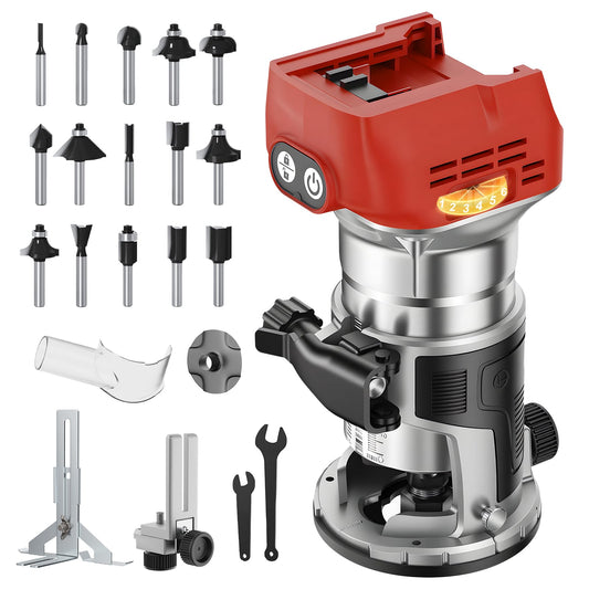 Cordless Router Tool Compatible with Milwaukee 18V Battery, 800W 28000 RPM Brushless Wood Router with 6-Speed Control, Aluminum Base, Depth Adjustment, 15 Router Bits, for Woodworking(Tool Only)