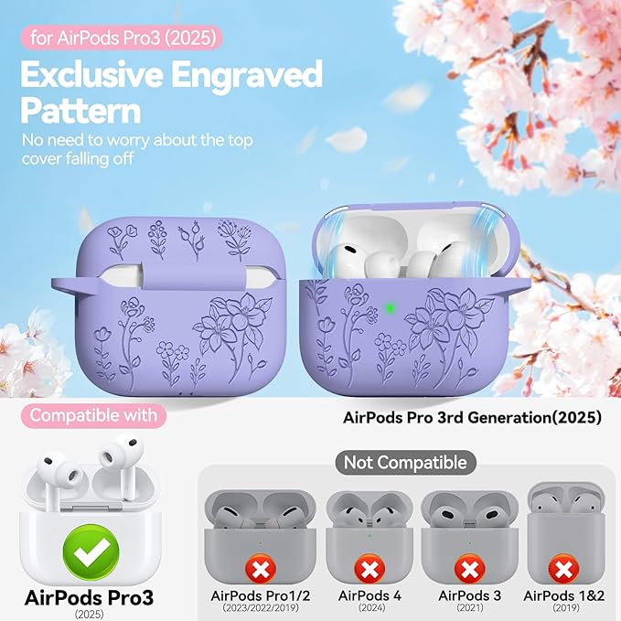 for Airpods Pro 3 Case with Magnetic Lid, Flower Engraved Case Cover Compatible with AirPods Pro 3rd Generation 2025, Soft Silicone Cases with Keychain & Cleaner for Women Girly, Shockproof