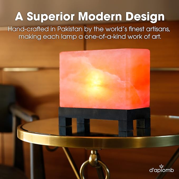 d'aplomb 100% Authentic Natural Himalayan Salt Lamp;Hand-Carved Modern Rectangle Rare Pink Crystal Rock Salt from The Himalayan Mountain; Footed Wood Base, Dimmer Cord; 11.5 lbs