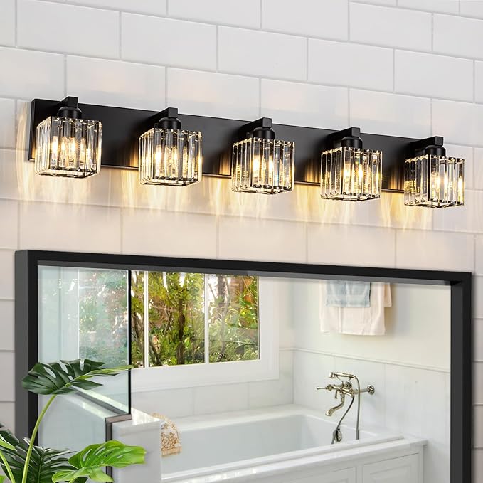 35.43" Black Crystal Bathroom Vanity Light 5-Lights Modern Bathroom Lighting Fixtures Over Mirror, Crystal Wall Light