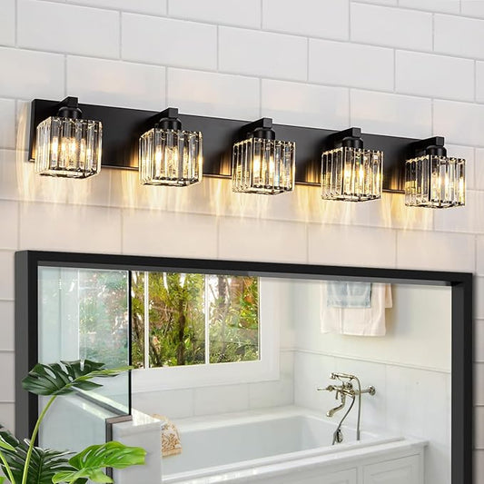35.43" Black Crystal Bathroom Vanity Light 5-Lights Modern Bathroom Lighting Fixtures Over Mirror, Crystal Wall Light