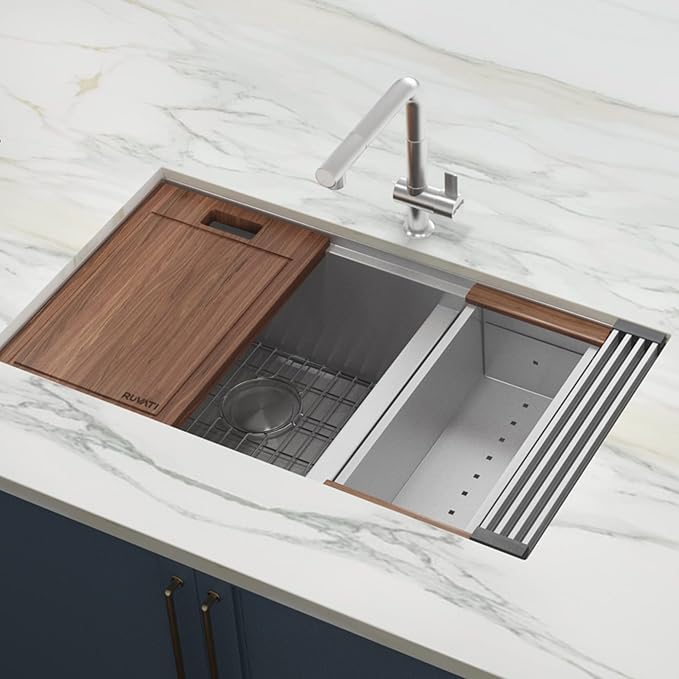 Ruvati 36-inch Workstation Kitchen Sink - 60/40 Double Bowl Undermount 16 Gauge Stainless Steel Kitchen Sink with Brushed Finish hides scratches, Easy-to-Clean Undermount Sink - RVH8359