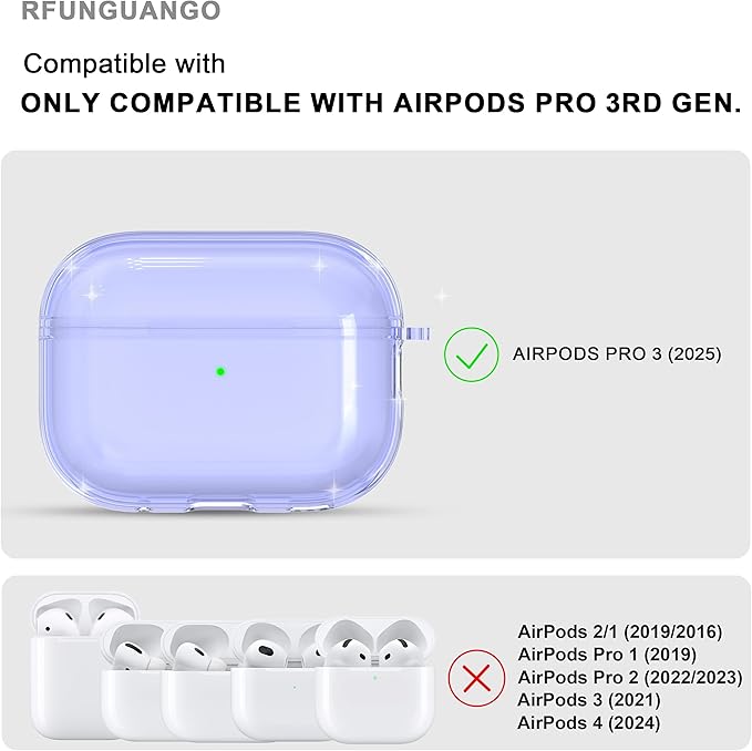 RFUNGUANGO AirPods Pro 3 Case Clear, Soft TPU Transparent with Cleaning Kit & Keychain, Compatible with Magsafe, Compatible Apple AirPods Pro 3rd (2025) Generation Protective Case, Purple