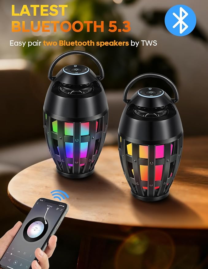 Outdoor Bluetooth Speakers with LED Flame Effect & Color Changing, IPX6 Waterproof, Bluetooth 5.3, USB Charging, Gifts for Men/Women, Torch Atmosphere Speaker for Patio/Garden/Party/Camping（2 Pack）