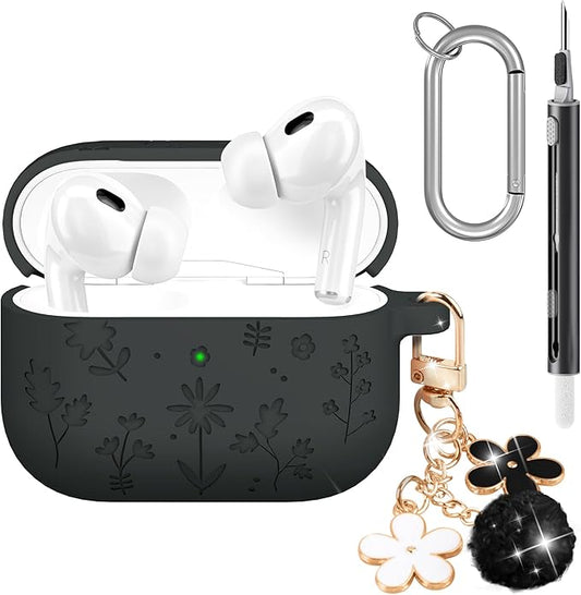 Seltureone Compatible with AirPods Pro 3 Case 2025 Cute with Cherry Blossom Keychain and Cleaning Kit, Soft Silicone Shockproof Flower Engraved Compatible with AirPod Pro 3 Case Cover - Dark Gray