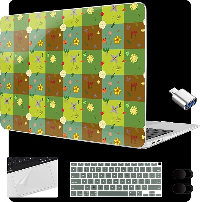 MEEgoodo for MacBook Air 13.3 inch Case 2021 2020 2019 2018 A2337 M1 A2179 A1932, Laptop Shell for MacBook Air M1 with Keyboard Webcam Cover&Trackpad Film&Type C Adapter,Green Checkered&Nature Pattern