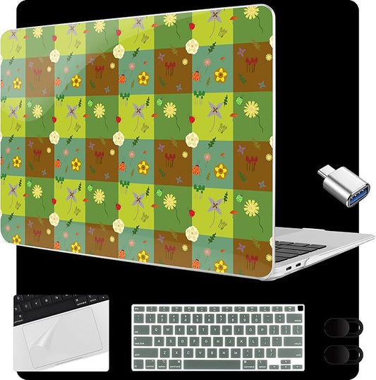 MEEgoodo for MacBook Air 13.3 inch Case 2021 2020 2019 2018 A2337 M1 A2179 A1932, Laptop Shell for MacBook Air M1 with Keyboard Webcam Cover&Trackpad Film&Type C Adapter,Green Checkered&Nature Pattern