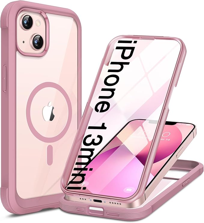 Miracase for iPhone 13 Mini Case 5.4",with MagSafe,Built in Screen Protector,Full-Body Protection(Dark Pink)