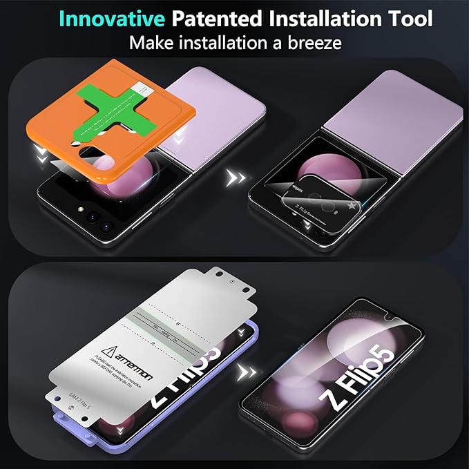 YWXTW [ 2023 Upgraded Alignment Tool for Samsung Galaxy Z Flip 5 Screen Protector, 2 Pack Inner Soft EPU + 2 Pack Front Tempered Glass + 2 PCS Metal Camera Lens Protector, Case Friendly