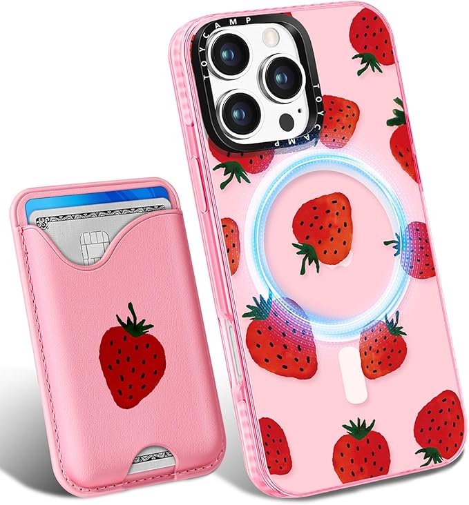 Toycamp for iPhone 16 Pro Max Case - Compatible with Magsafe Credit Card Holder Wallet Magnetic Cute Women Teen Girls Kawaii Girly Unique Strawberry Design Phone Cover for Apple 16 Promax 6.7"