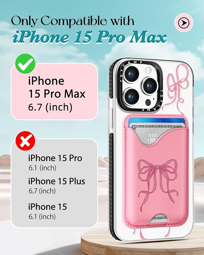 Toycamp for iPhone 15 Pro Max Case - Compatible with Magsafe Credit Card Holder Wallet Magnetic Cute Women Teen Girls Kawaii Girly Unique Bow Design Phone Cover for Apple 15 Promax 6.7"