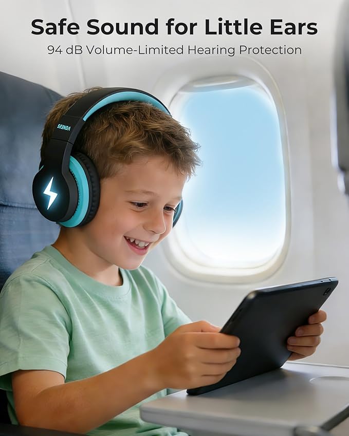 seenda Kids Bluetooth Headphones Boys, JCH-01 Kids Wireless Headphones for School, 85/94dB Volume Limited, 45H Playtime, 3 Lighting Modes, Built-in Mic Headset with Aux Cord for iPad/Tablet/Travel