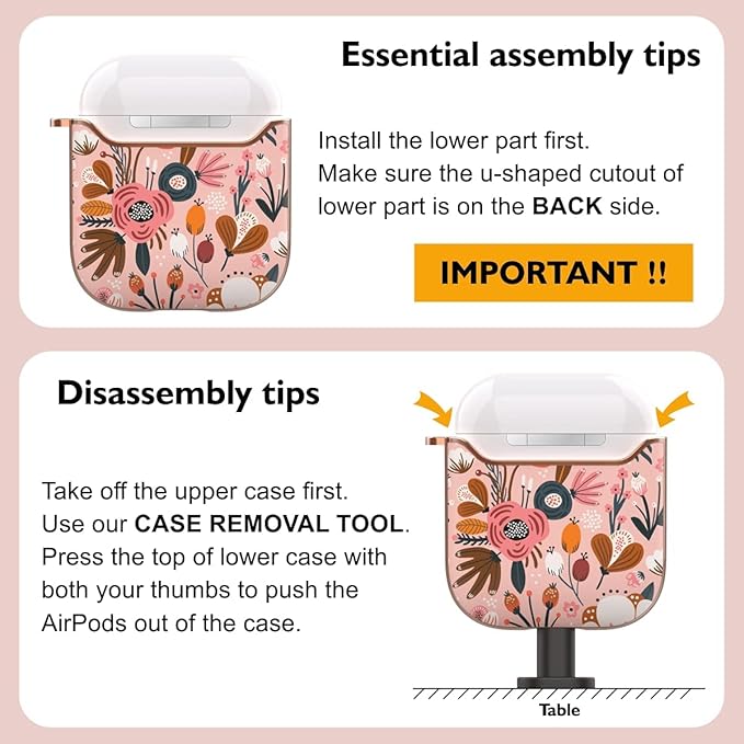 TATOFY Case Cover for AirPods 1&2, Elegant Cute Flower Patterns Protective Hard Case with Clip Keychain