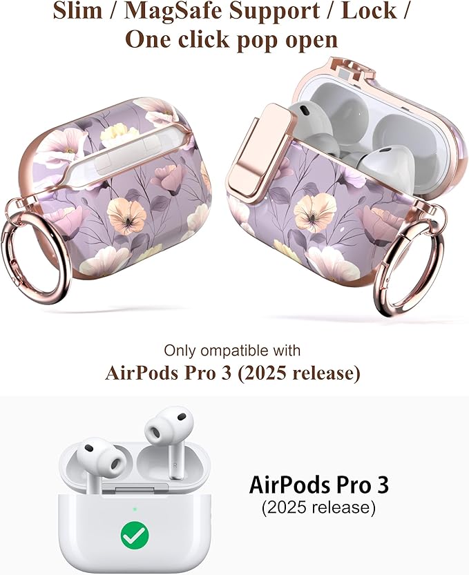TATOFY for AirPods Pro 3rd (2025) Generation Case with Lock Carabiner Cleaner, Slim AirPod Pro 3 Hard Case Cover, Compatible with MagSafe (Violet)