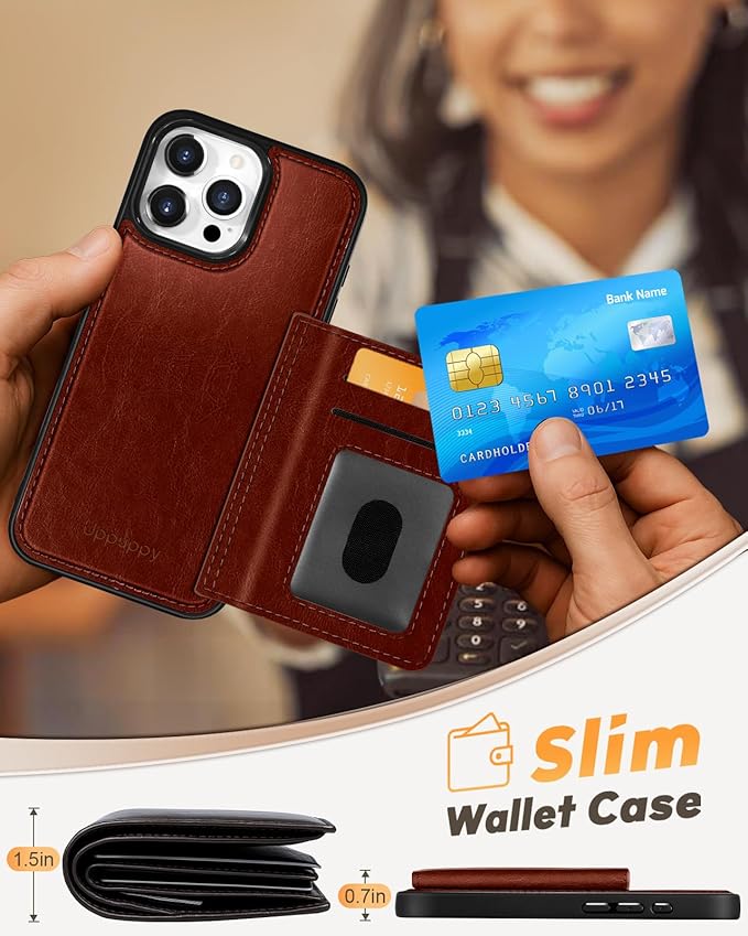 for iPhone 16 Pro Case with Wallet - Fits 4 Card Slots, Compatible with MagSafe for Women Aesthetic Durable PU Leather Credit Card Holder Kickstand Phone Cover for Apple 16 Pro, Brown
