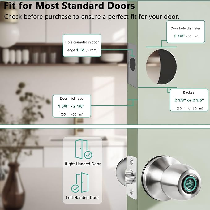 Fingerprint Smart Door Knob, Biometric Keyless Entry Door Lock with App Control & Backup Keys, Thumbprint Round Door Lock, Suitable for Home, Bedroom, Office, and Apartment Sliver