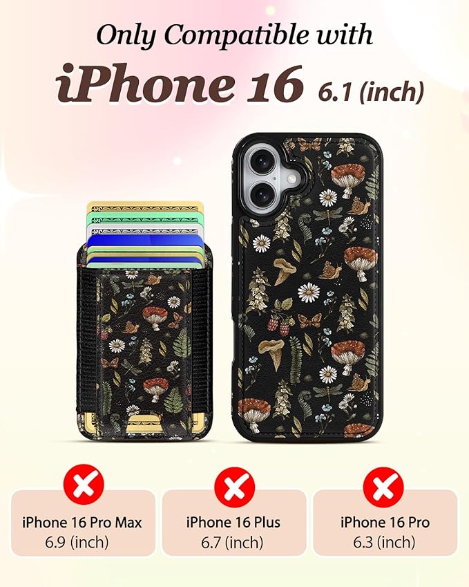 Shorogyt for iPhone 16 Wallet Case - Fits 5 Cards, Compatible with Magsafe Detachable Magnetic Credit Card Holder Leather Cardholder Cute Phone Cover Women Girls for Apple 16, Mushroom
