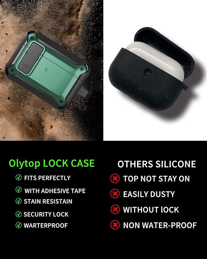 for Airpods Pro 2/1 Gen Case Cover with Lock (2019/2022/2023), Rugged Locking Case for Airpod Pro 2nd/1st Generation Shockproof Armor Protective Skin for Apple iPod Pro - B/Army Green