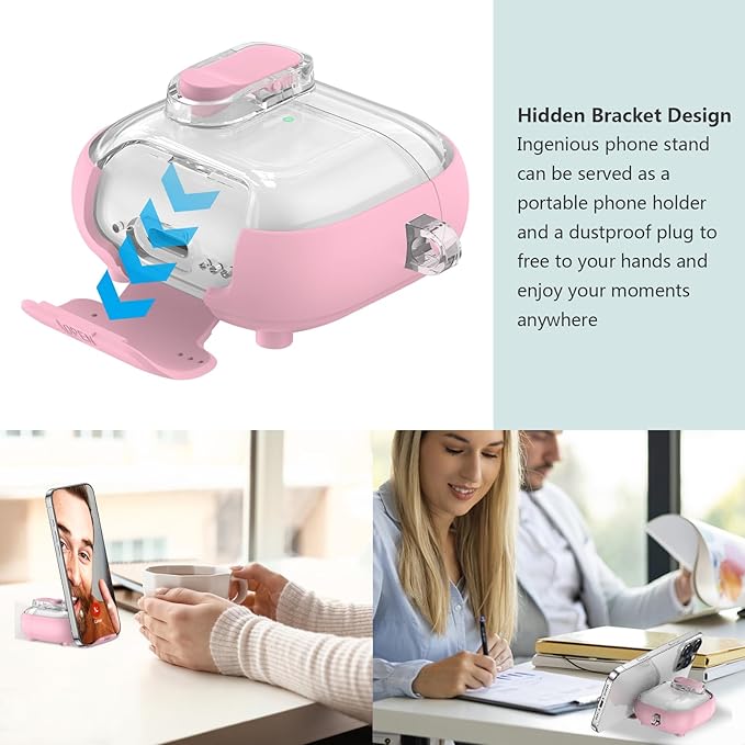 for Airpods 4 Case Clear,Secure Lock for Airpods 4th Generation Case Cover with Phone Stand and Magsafe Function,Auto Pop-up,Hybrid Protection Design with Carabiner&Cleaning Pen-Pink