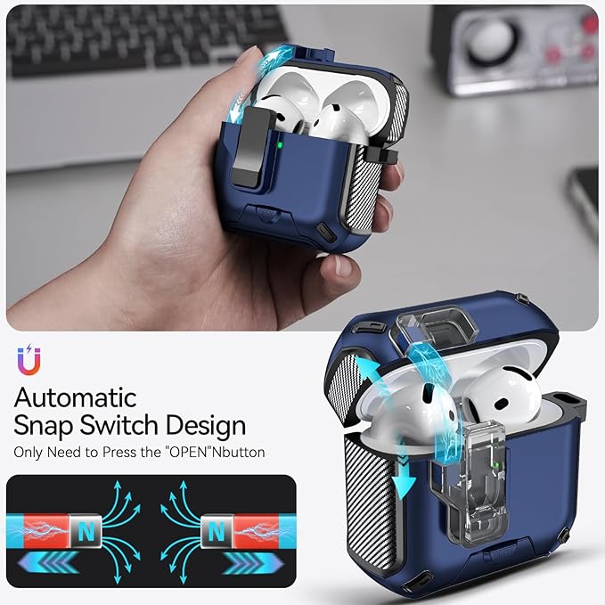 for AirPods 4 Case (2024) with Phone Stand,（with Automatic Snap Switch） Carbon Fiber Design Protection Cover with Cleaning Pen,Blue