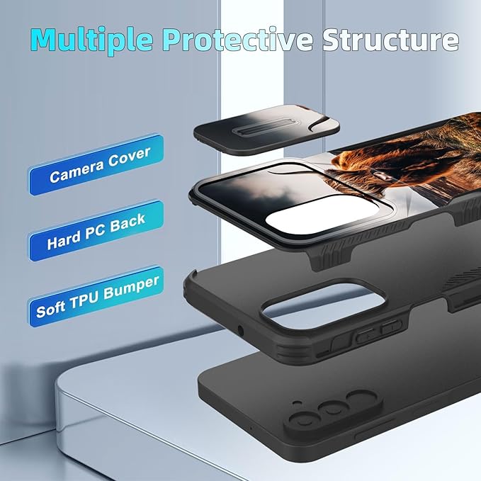 for Galaxy A17 5G Case Built in Slide Camera Lens Cover,Heavy Duty Shockproof Protection Dual Layer Case for Samsung Galaxy A17 5G 6.7" 2025,Brown Highland Cow