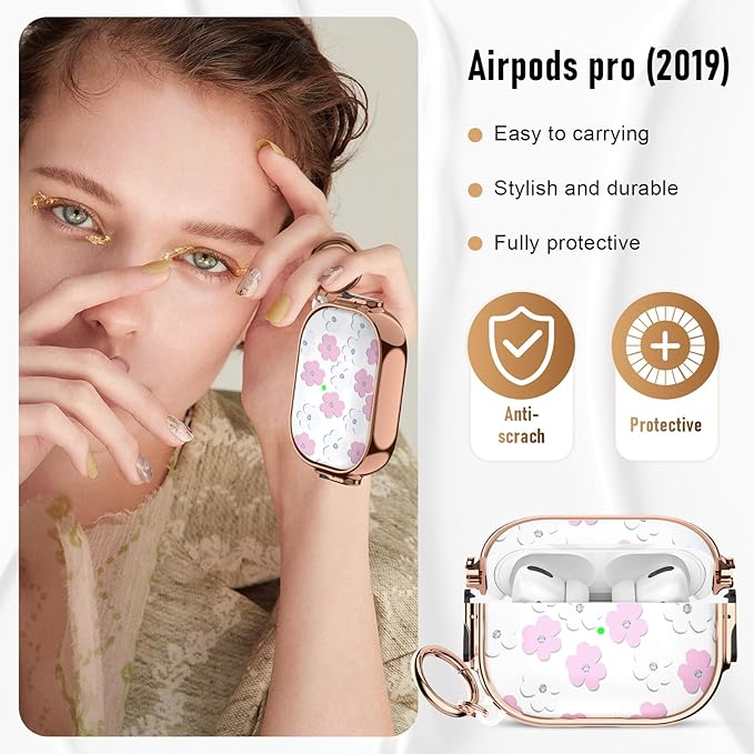 Maxjoy for Cute Airpods Pro 2 case with Safety Lock,Compatible Airpods Pro Case 2nd/1st Gen,for Pink and White Flowers AirPods Case Coverfor Women Girly with Keychain-Transparent