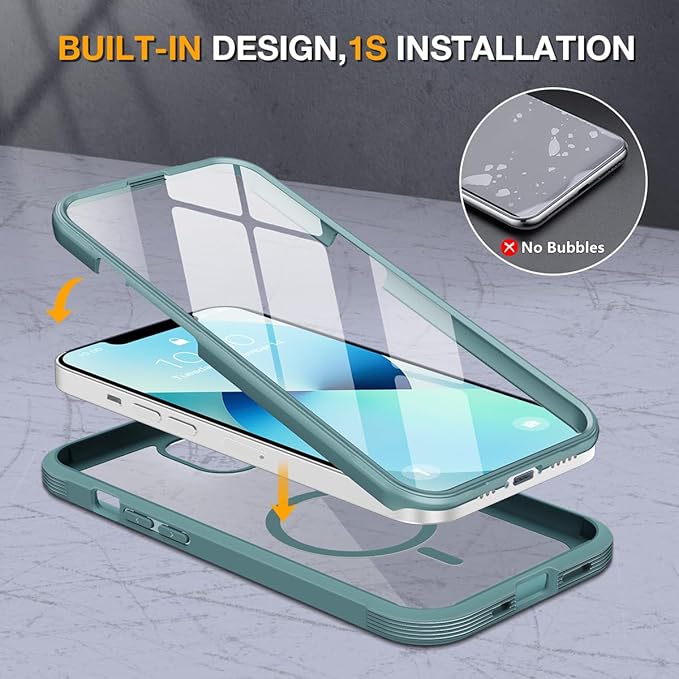 Miracase Compatible with iPhone 13 case 6.1 inch, 2021 Upgrade Full-Body Glass Clear Case Bumper Case with Built-in 9H Tempered Glass Screen Protector for iPhone 13,Teal