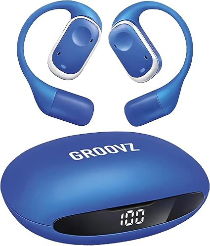 Groovz Open-Ear True Wireless Headphones with Smart Battery Display - Designed and Engineered in the USA - IPX5-Rated Bluetooth Open Ear Earbuds Compatible with Apple & Android - Classic Blue