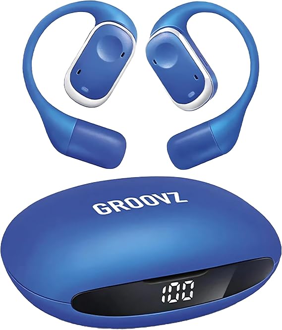 Groovz Open-Ear True Wireless Headphones with Smart Battery Display - Designed and Engineered in the USA - IPX5-Rated Bluetooth Open Ear Earbuds Compatible with Apple & Android - Classic Blue