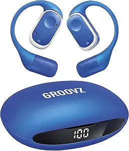 Groovz Open-Ear True Wireless Headphones with Smart Battery Display - Designed and Engineered in the USA - IPX5-Rated Bluetooth Open Ear Earbuds Compatible with Apple & Android - Classic Blue