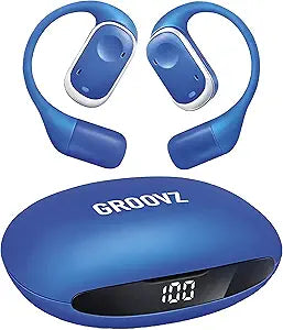 Groovz Open-Ear True Wireless Headphones with Smart Battery Display - Designed and Engineered in the USA - IPX5-Rated Bluetooth Open Ear Earbuds Compatible with Apple & Android - Classic Blue