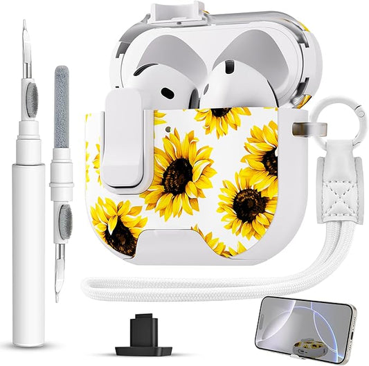 for AirPods 4 Case with Secure Lock Clip in Phone Stand,Floral Girly Style Protective Cover with Cleaning Kit and Hand Strap for Apple AirPod 4 Generation (White Sunflower)