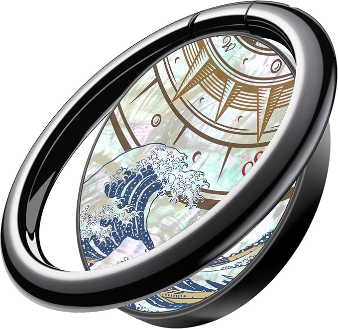 Carveit Natural Shells Cell Phone Ring Holder Metal Phone Kickstand Grip for iPhone 16 Pro Max/15/14 & Galaxy S23/S24/S25 Ultra & Pixel 8/9 -Black-Wave Compass