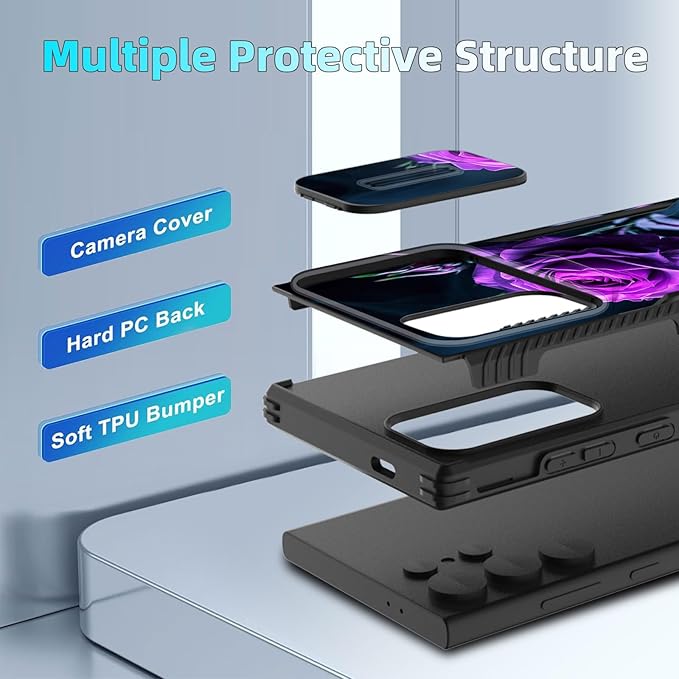 for Galaxy S26 Ultra Case Built in Slide Camera Lens Cover,Heavy Duty Shockproof Protection Dual Layer Case for Samsung Galaxy S26 Ultra 6.9" 2026,Purple Flower Rose