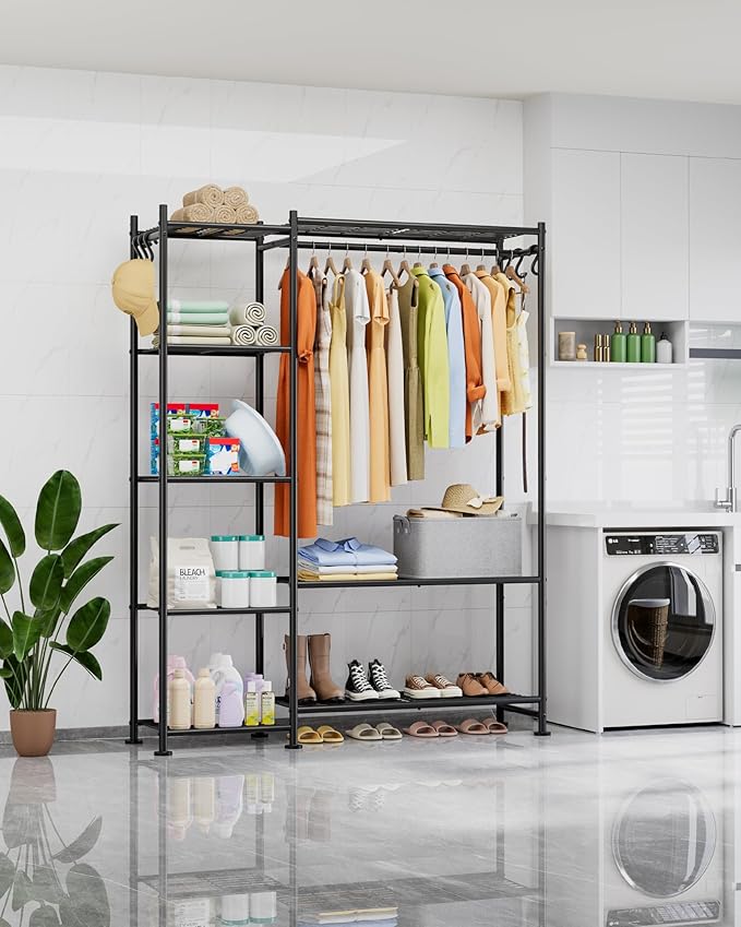 Closet Organizers and Storage - Free-Standing Clothes Rack with Leveling Feet & Wall-Anchor Straps, Wardrobe Closet with 6 Hooks for Bedroom, Living Room, Laundry, 48.8"×12.6"×62.2", Black