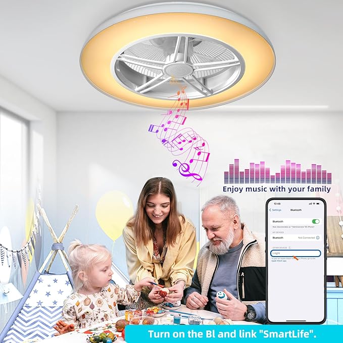 BAYSQUIRREL Samrt Low Profile Ceiling Fan with Light,Bluetooth Bladeless Ceiling Fans with Speaker,RGB-LED Dimmable Reversible Flush Mount Ceiling Fan for Bedroom
