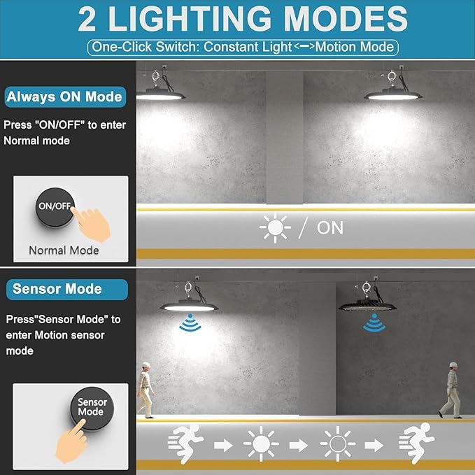 Lightdot 8Pack Smart 250W High Bay LED Shop Lights 37,500LM High Bay Lights with Control (Normal Mode & Motion Sensor Mode) ETL-Listed Plug & Play for 30-40FT Height Warehouse-6Yrs Warranty