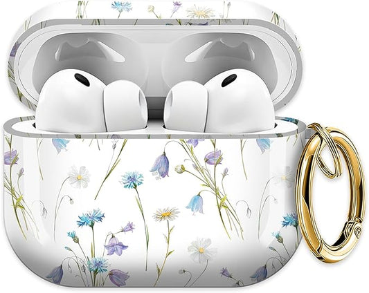 Cute Hard Case Compatible with AirPods Pro 3rd Generation Case (2025), Shockproof Protective Cover with Golden Keychain Ring Clip (Small Purple Flower)