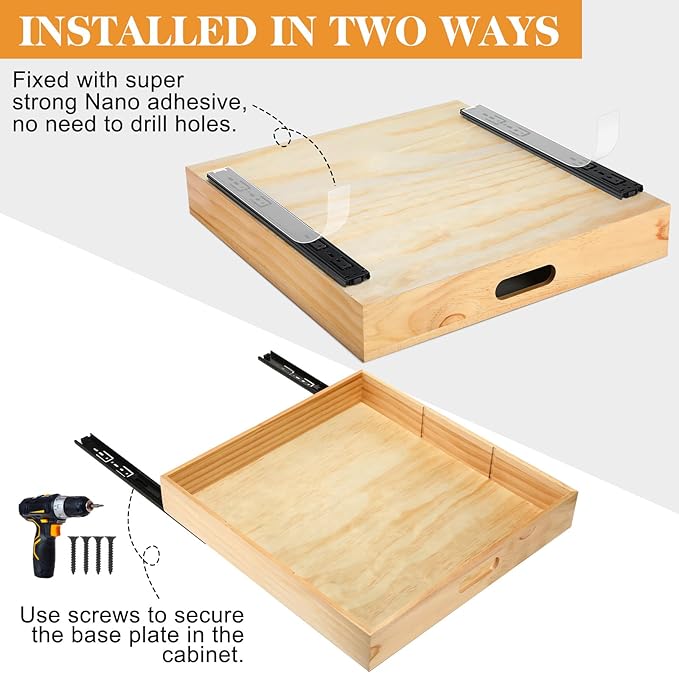 2 PCS Wood Pull Out Cabinet Organizers with Removable Dividers, 20''W x 21''D Nail-free Sliding Drawers with Adhesive Tape, Roll Out Shelves for Kitchen, Pantry, Office (Wood)