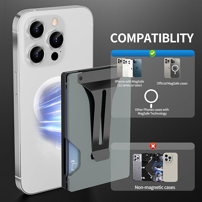 Magnetic Phone Wallet with Apple MagSafe - Metal Card Holder with AirTag Holder, RFID Blocking & Money Clip Mag Safe Wallet for iPhone 16 15 14 13 12 Pro Max/Pro/Plus/Mini
