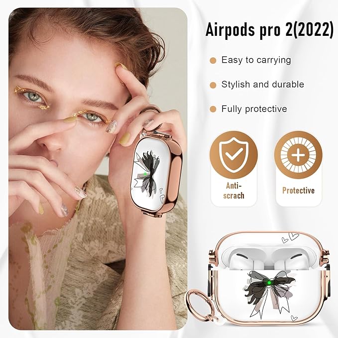 Maxjoy for Cute Airpods Pro 2 case with Safety Lock,Compatible Airpods Pro Case 2nd/1st Gen,Compatible Black Bow AirPods Case Cover for Women Girly with Keychain-Transparent