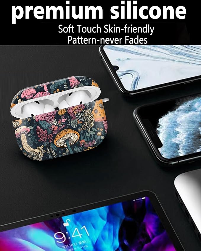 Cute Hard Case Compatible with AirPods Pro 2nd/1st Generation, Protective Cover with Golden Keychain, Fits 2023/2022/2019 Models, for Women, Girls, and Men(Boho Mushroom