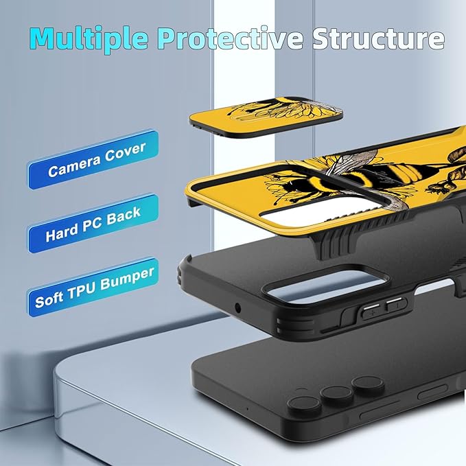for Galaxy A15 5G Case Built in Slide Camera Lens Cover,Heavy Duty Shockproof Protection Dual Layer Case for Samsung Galaxy A15 5G 6.5 inch 2024,Honeybee Flower