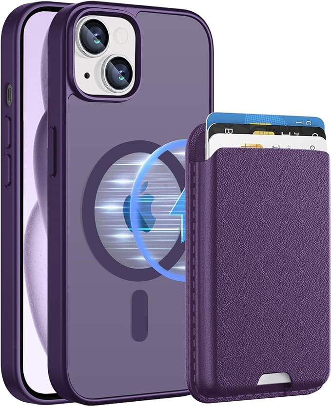 Magnetic for iPhone 14 Case & iPhone 13 Case with Card Holder, Compatible with MagSafe, Slim Shockproof Phone Cover with Detachable Wallet, Built-in Magnet Ring, Purple