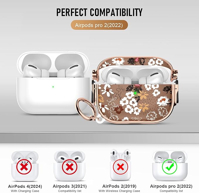 Maxjoy for Cute Airpods Pro 2 case with Safety Lock,Compatible Airpods Pro Case 2nd/1st Gen,Compatible White Flowers AirPods Case Cover for Women Girly with Keychain-Brown